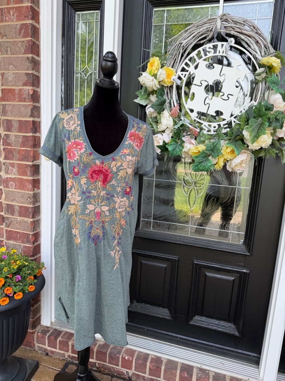 Johnny Was Green Midi Dress with Pink and Yellow Floral Embroidery